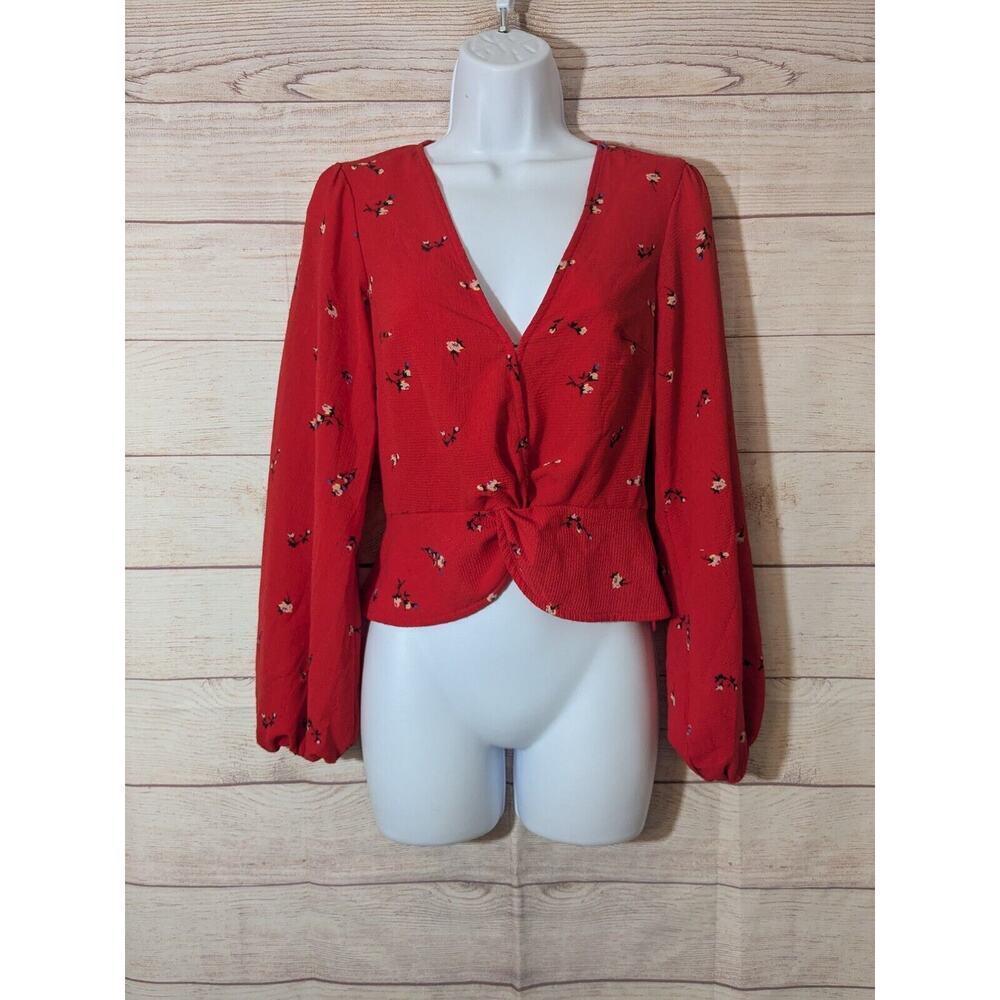 Wild Fable Womens Red/ Floral Long Sleeve Deep V Cropped Blouse Sz XS